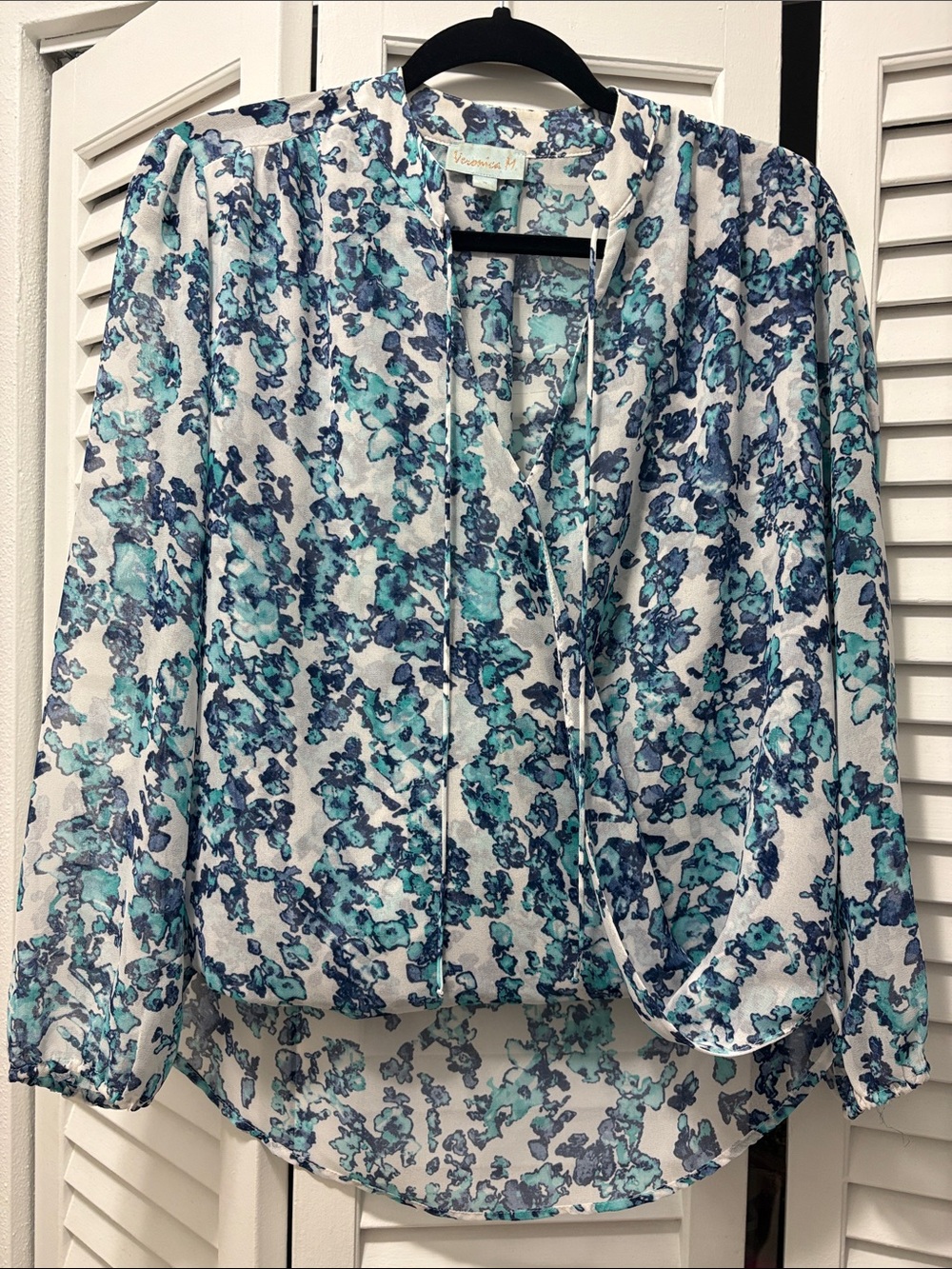 Veronica M Blue Teal Floral Tie-Neck Blouse